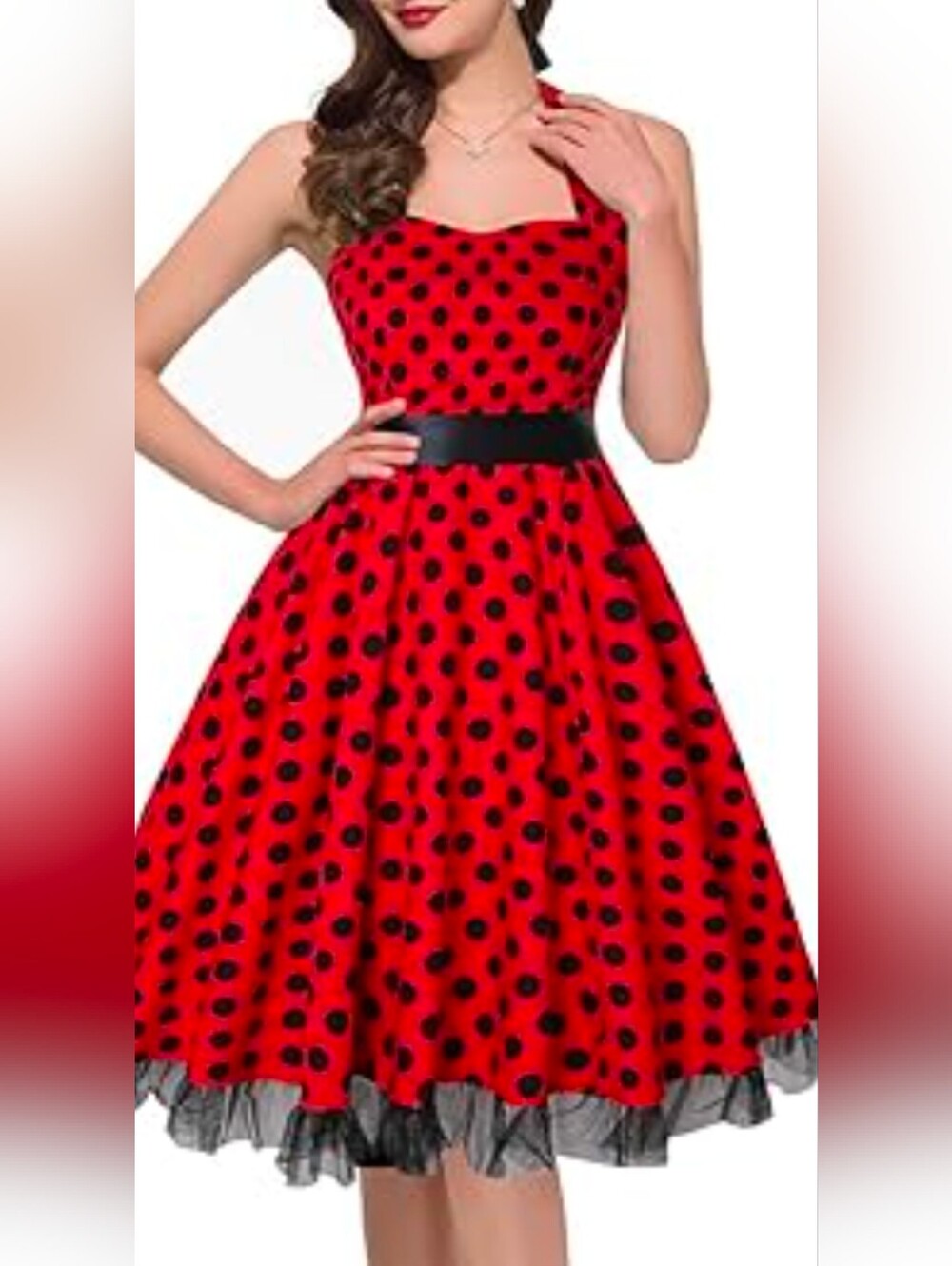 OTEN Women's Red Rockabilly Polka Dot Halter Dress 1950s Style